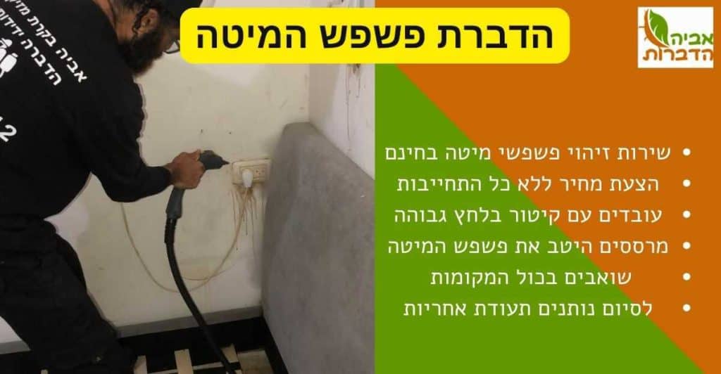 תמונה בה רואים מדביר פשפש המיטה מחברת ההדברות שלנו מבצע את ההדברה בעזרת קיטור. בתמונה קיים הטקסט הבא: הדברת פשפש המיטה: - שירות זיהוי פשפשי מיטה בחינם. - הצעת מחיר ללא כל התחייבות. - עובדים עם קיטור בלחץ גבוה. - מרססים היטב את פשפש המיטה. - שואבים בכל המקומות. - לסיום נותנים תעודת אחריות.